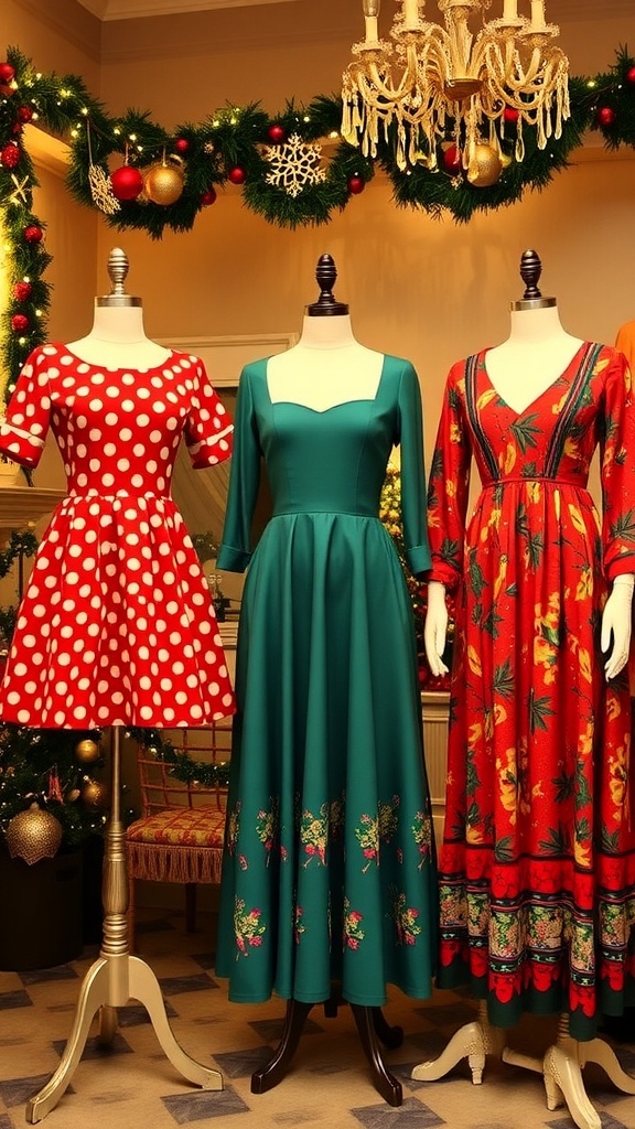 A display of vintage Christmas party dresses in various styles, with festive decorations in the background.